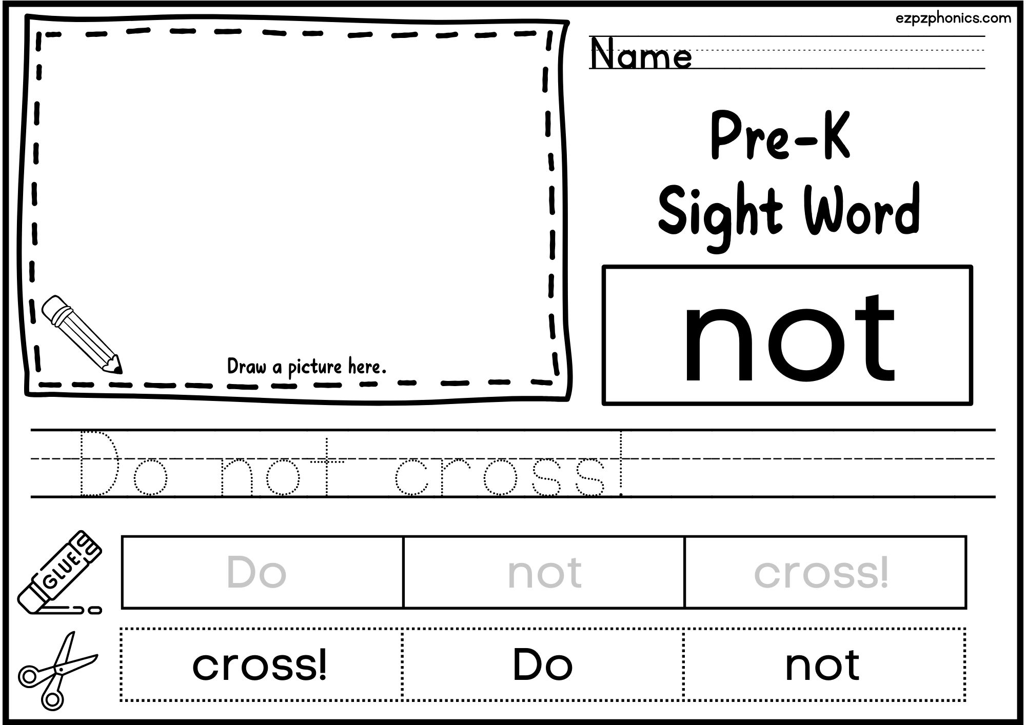 Not Dolch Sight Word Activity. Draw, Color, Cut and Paste, and Word Tracing.